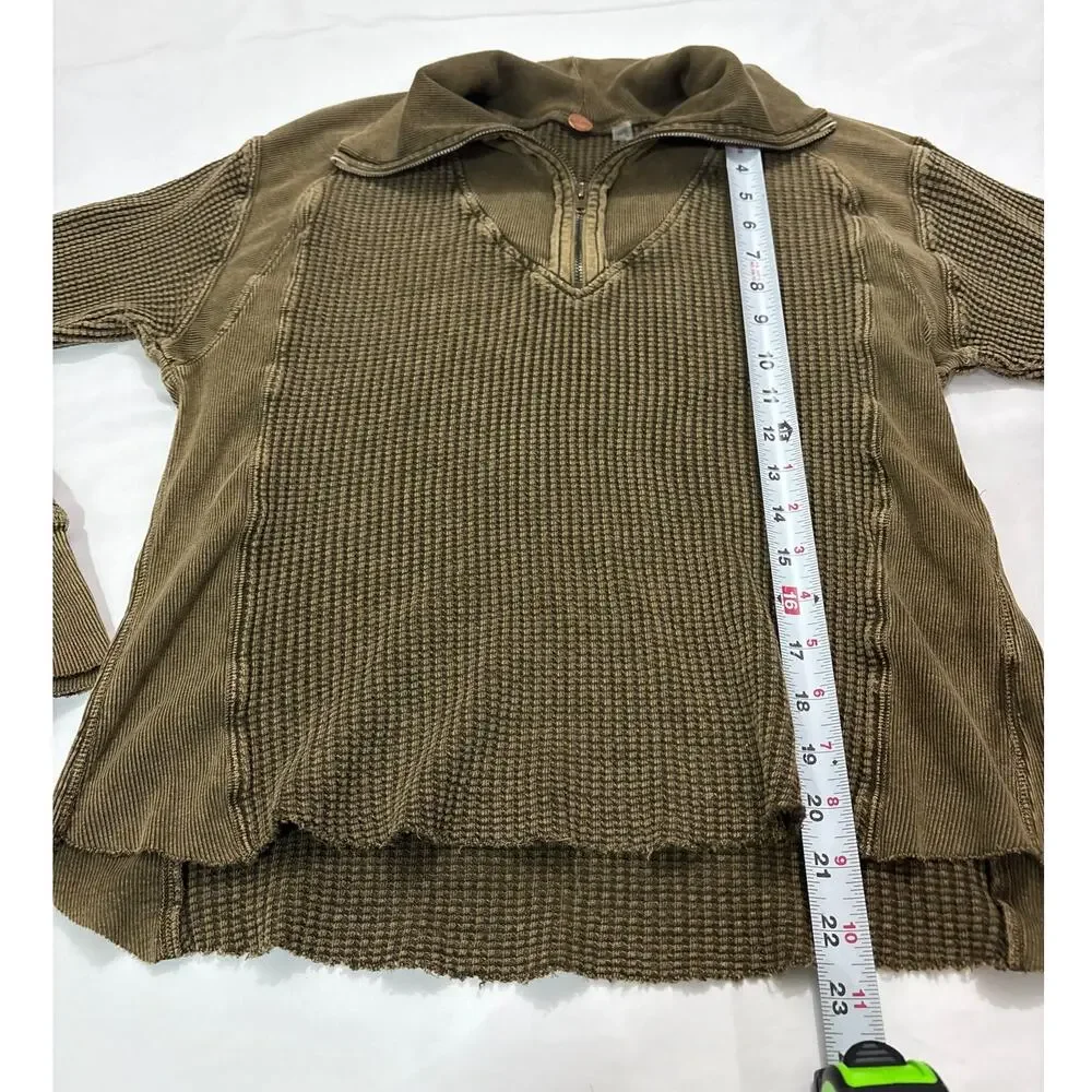 Free People Women’s XS Ashton Zip Thermal Pullover Green Minimalist Contemporary